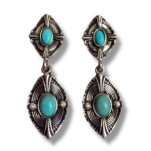 Silver and Turquoise Dangle Clip On Earrings